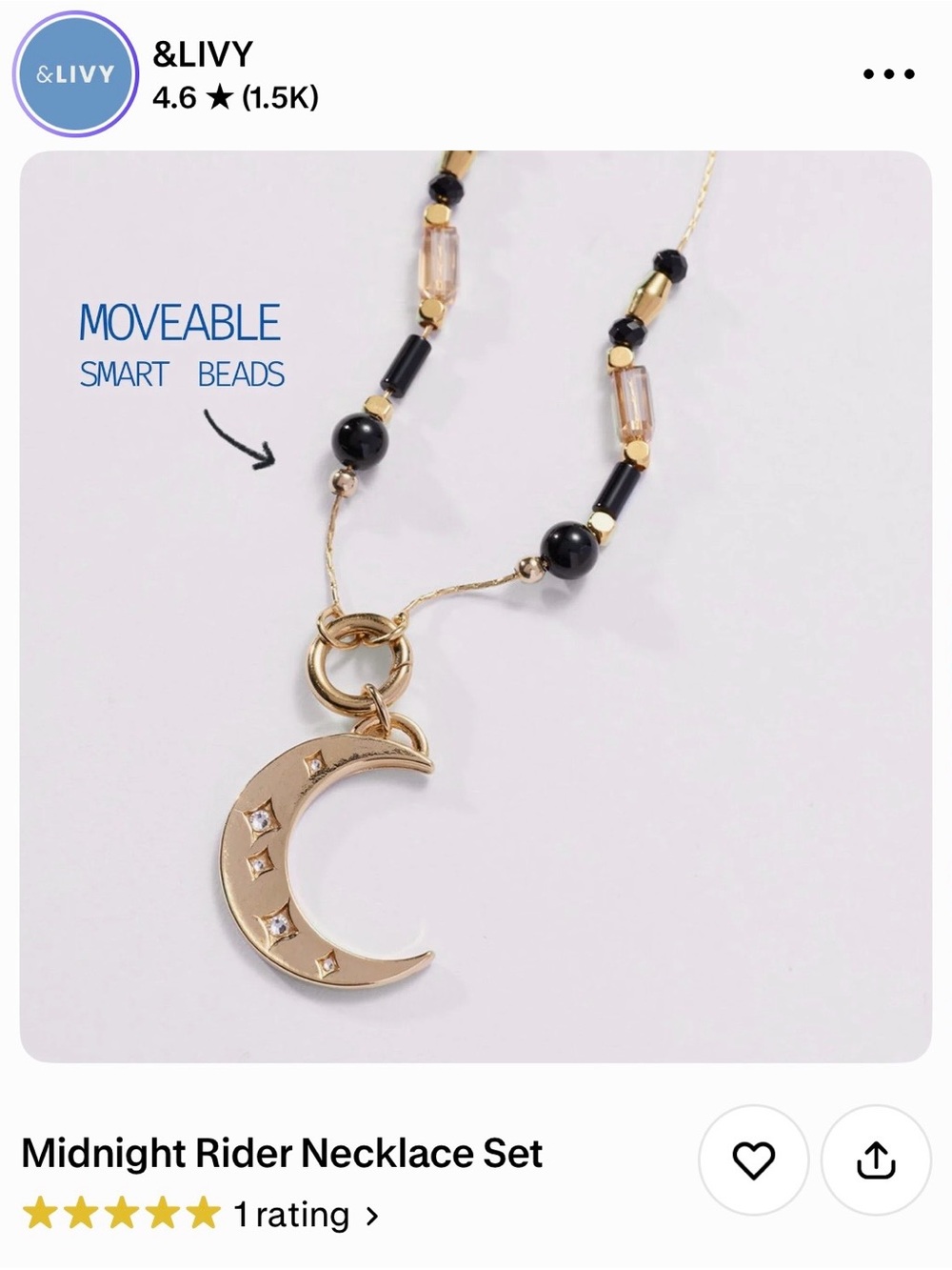 Livy Midnight Rider Gold Crescent Moon Necklace with Black Beads